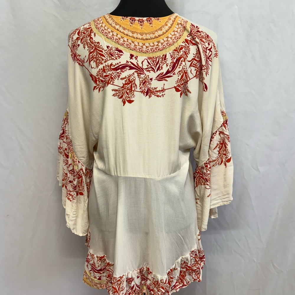 Free People S Cream Orange Boho Bell Sleeve Tunic Top Festival Rayon - Picture 3 of 8